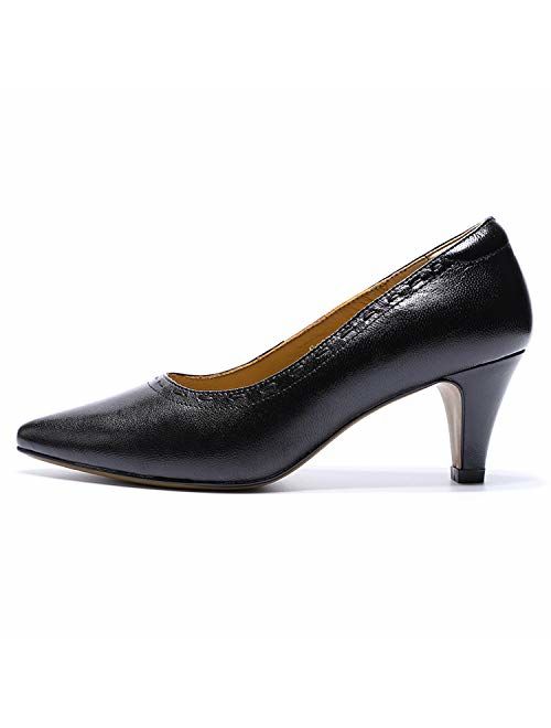 Mona flying Women's Leather Pumps Dress Shoes High Heels Med Heel Pointed Toe Formal Office Shoes for Women Ladies