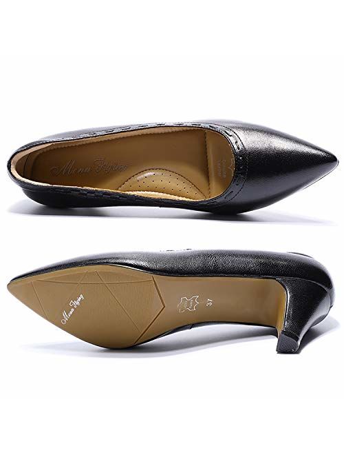 Mona flying Women's Leather Pumps Dress Shoes High Heels Med Heel Pointed Toe Formal Office Shoes for Women Ladies