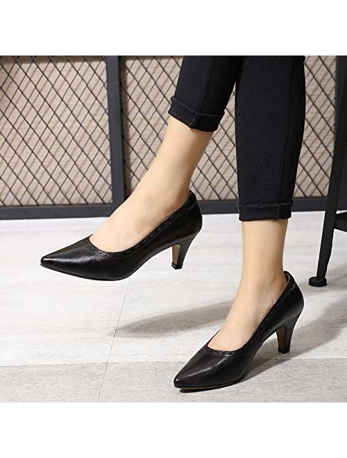 Mona flying Women's Leather Pumps Dress Shoes High Heels Med Heel Pointed Toe Formal Office Shoes for Women Ladies