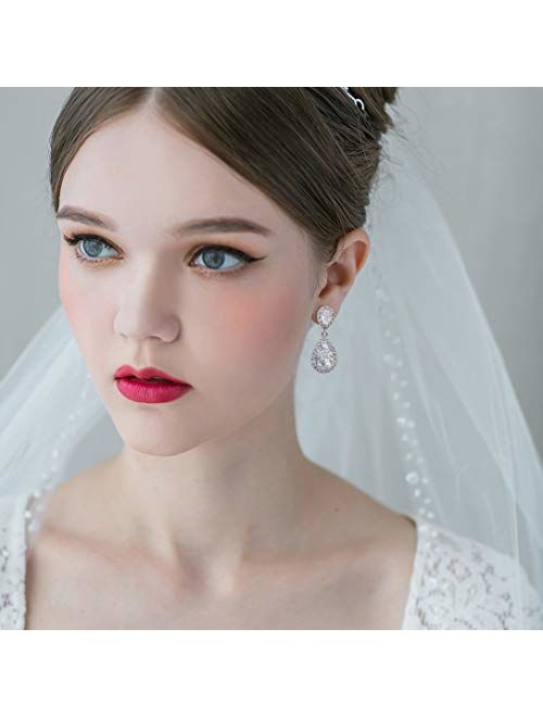 SWEETV Cubic Zirconia Teardrop Bridal Earrings, Rhinestone Dangle Earrings for Wedding Prom Anniversary