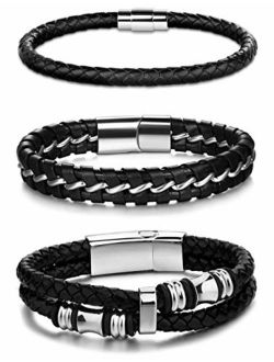 Jstyle 3Pcs Stainless Steel Braided Leather Bracelet for Men Women Leather Wrist Band Cuff Bangle Bracelet Magnetic Clasp 7.5-8.5 inches