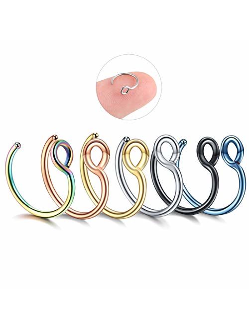 Nose Rings Hoop 6Pcs 20G 316L Non Stainless Steel Nose Ring Hoop Clip-on Cartilage Ring Hoop Septum Boby Piercing 6-12mm (6 PCS-8MM C Shape)