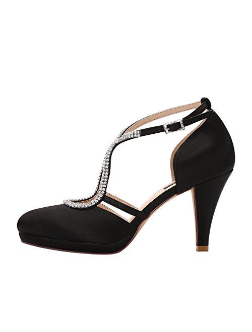 ERIJUNOR Women Comfort Low Heel Closed-Toe Ankle Strap Platform Satin Bridal Wedding Shoes