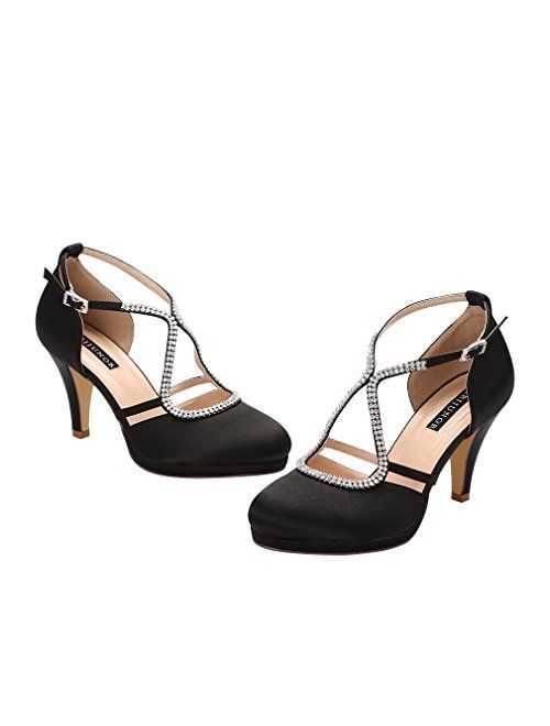 ERIJUNOR Women Comfort Low Heel Closed-Toe Ankle Strap Platform Satin Bridal Wedding Shoes