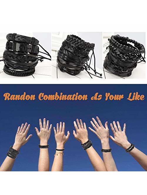 Jstyle 17Pcs Braided Leather Bracelet for Men Women Wooden Beaded Cuff Wrap Bracelet Adjustable