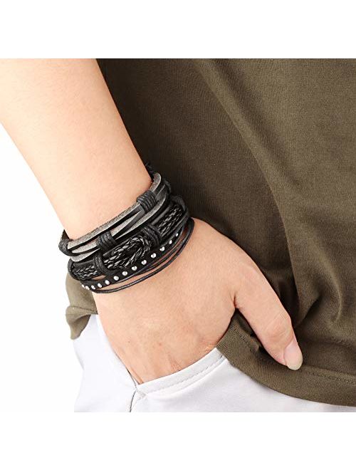 Jstyle 17Pcs Braided Leather Bracelet for Men Women Wooden Beaded Cuff Wrap Bracelet Adjustable