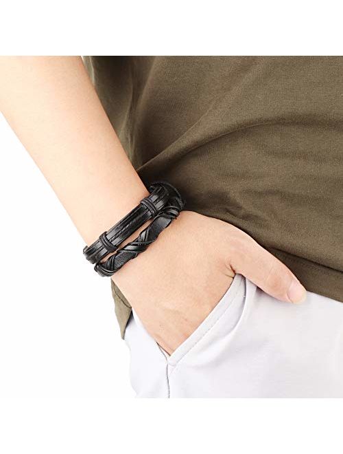 Jstyle 17Pcs Braided Leather Bracelet for Men Women Wooden Beaded Cuff Wrap Bracelet Adjustable