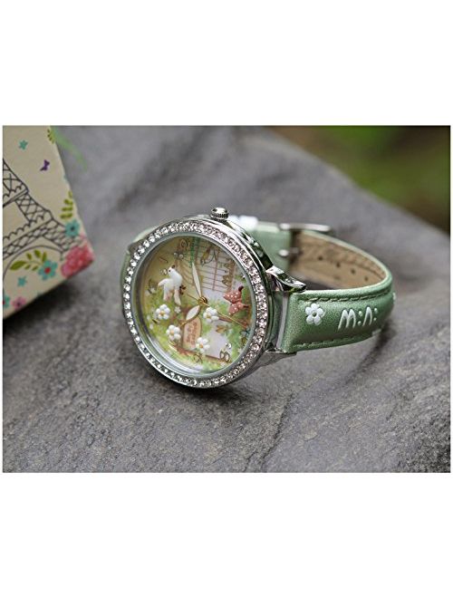 Cute Bowknot Bunny Girl's Teenagers' Wrist Watches,Butterfly Dial,Leather Strap Golden Case fq062