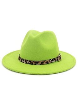 HUDANHUWEI Women's Wide Brim Felt Fedora Panama Hat with Leopard Belt Buckle
