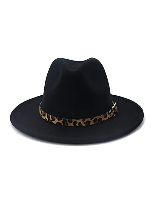 HUDANHUWEI Women's Wide Brim Felt Fedora Panama Hat with Leopard Belt Buckle