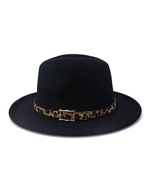HUDANHUWEI Women's Wide Brim Felt Fedora Panama Hat with Leopard Belt Buckle