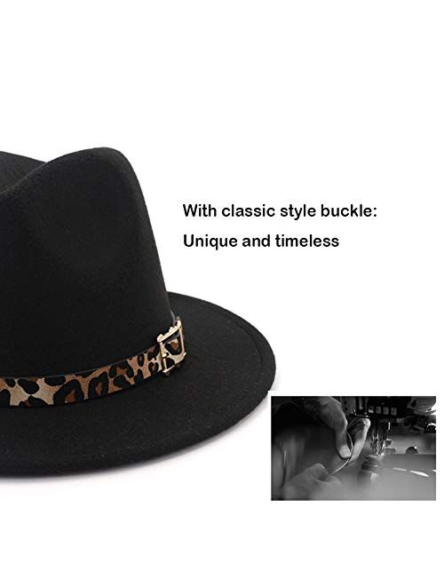 HUDANHUWEI Women's Wide Brim Felt Fedora Panama Hat with Leopard Belt Buckle 
