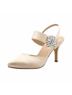 ERIJUNOR Mid Heel Shoes for Women Pointed Toe Slingback Rhinestone Brooch Satin Dress Pumps Evening Prom Wedding Shoes
