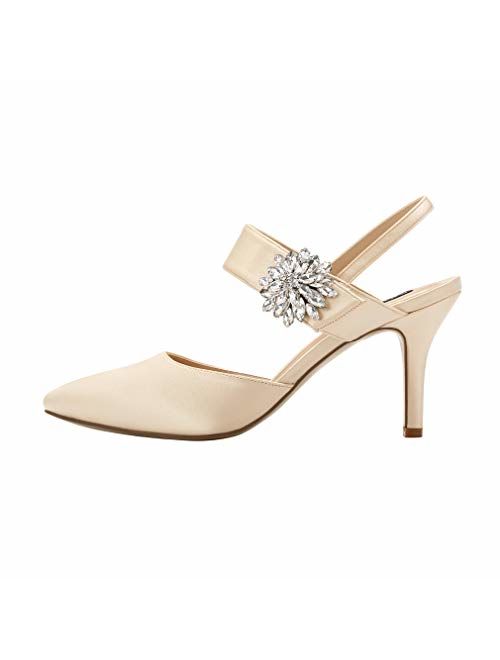 ERIJUNOR Mid Heel Shoes for Women Pointed Toe Slingback Rhinestone Brooch Satin Dress Pumps Evening Prom Wedding Shoes