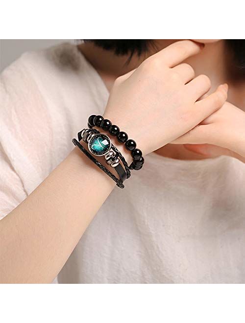 Fashion 12 Twelve Constellations Hand Woven Leather Bracelet And Moon Pendant Necklace Zodiac Sign Jewelry Set