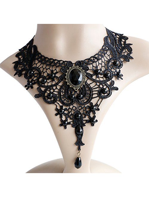 Eternity J. Elegant Vintage Black Lace Victorian Lolita Gothic Pendant Choker Necklace Earrings Set