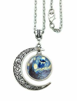 ALNDA Moon Necklace Doctor Who The Tardis Crescent Pendant Vincent Van Gogh Starry Night Charms Gift for Women