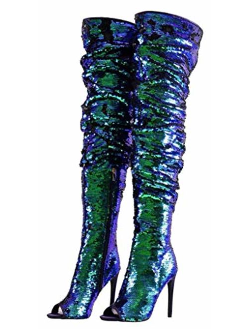 Camssoo Women's Over The Knee High Heels Boots Fashion Sparkle Sequins Peep Toe Christmas Party Dance Stiletto Booties