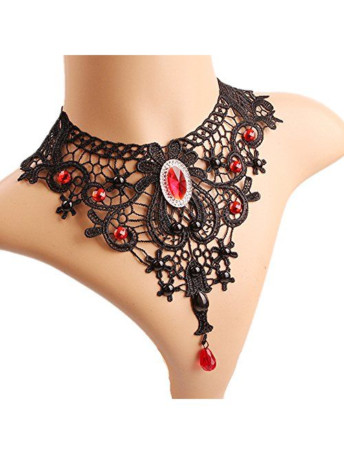 MEiySH Elegant Black Lace Gothic Lolita Red Pendant Choker Necklace Earrings Set