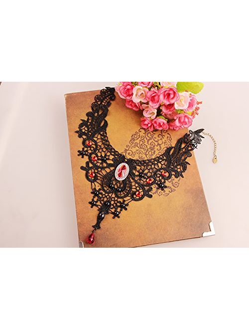 MEiySH Elegant Black Lace Gothic Lolita Red Pendant Choker Necklace Earrings Set