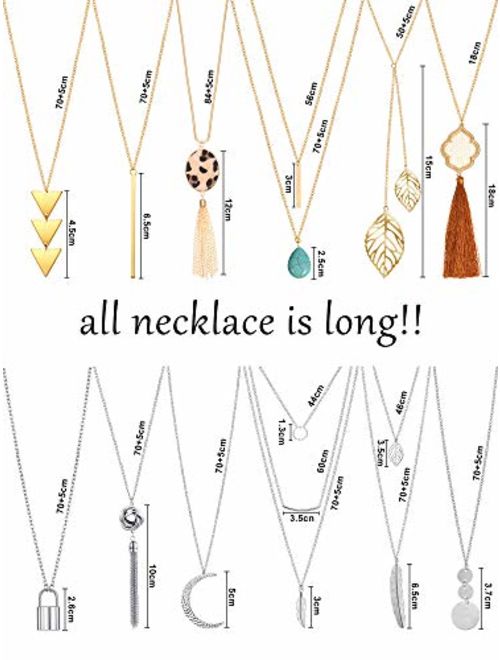 Hicarer 12 Pieces Long Pendant Necklace Set Y Tassel Leaf Circle Bar Necklace for Women