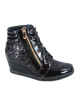 Link Women's Fashion Glitter High Top Lace Up Wedge Sneaker Shoes
