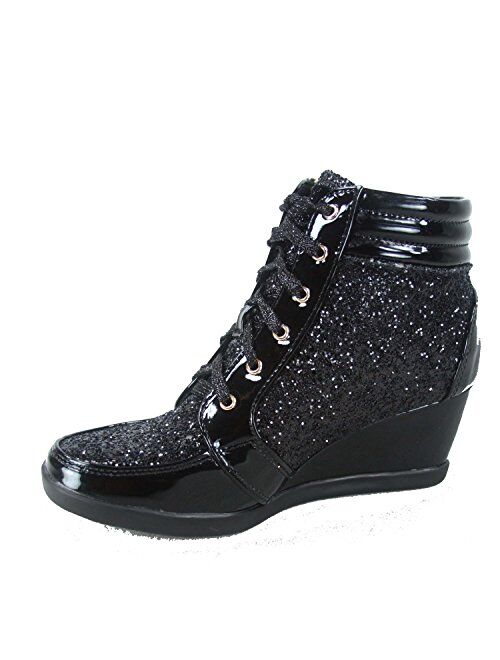 Forever Link Women's Fashion Glitter High Top Lace Up Wedge Sneaker Shoes