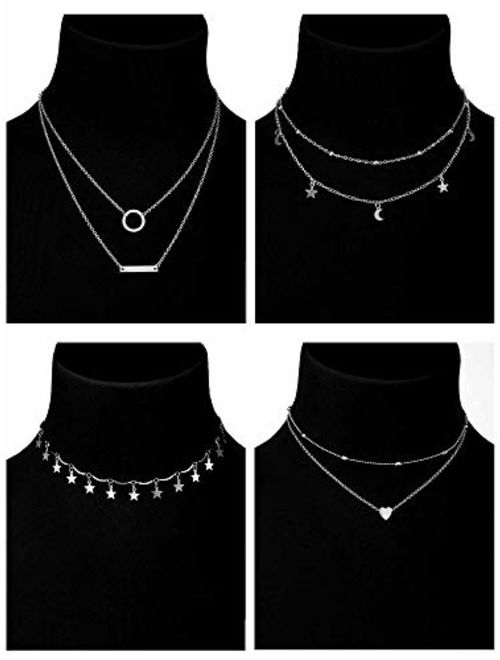 BBTO 9 Pieces Women Girls Layered Choker Necklace Sliver Layered Pendant Choker Jewelry Set
