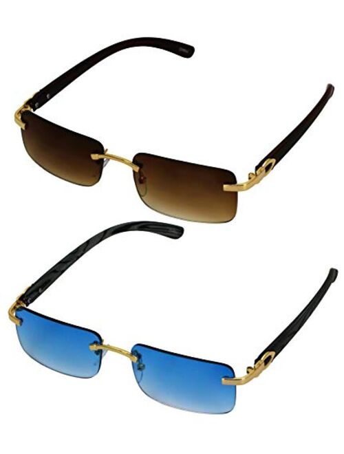 Elite Slim Rimless Rectangular Metal & Wood Art Aviator Sunglasses 