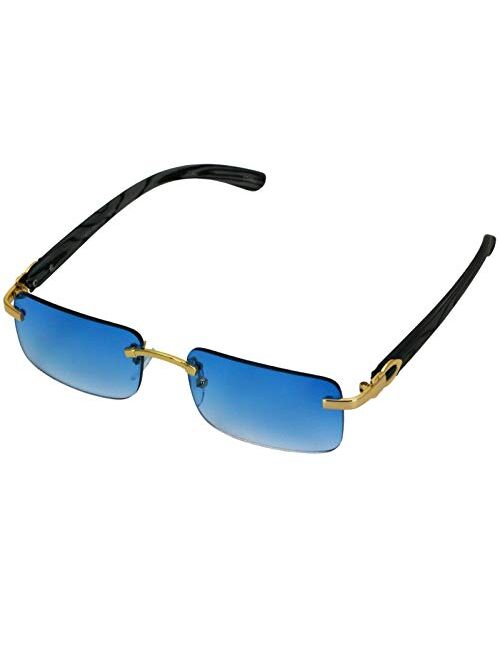 Elite Slim Rimless Rectangular Metal & Wood Art Aviator Sunglasses