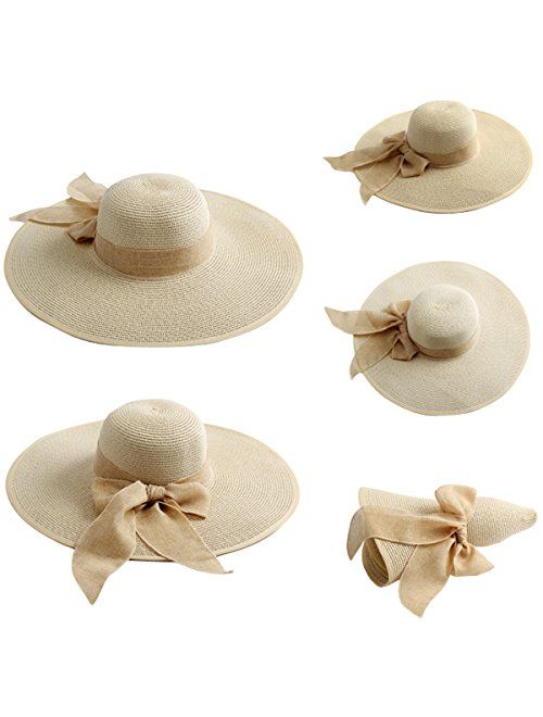 JOYEBUY Women Big Bowknot Straw Hat Floppy Foldable Roll up UV Protection Beach Cap Sun Hat