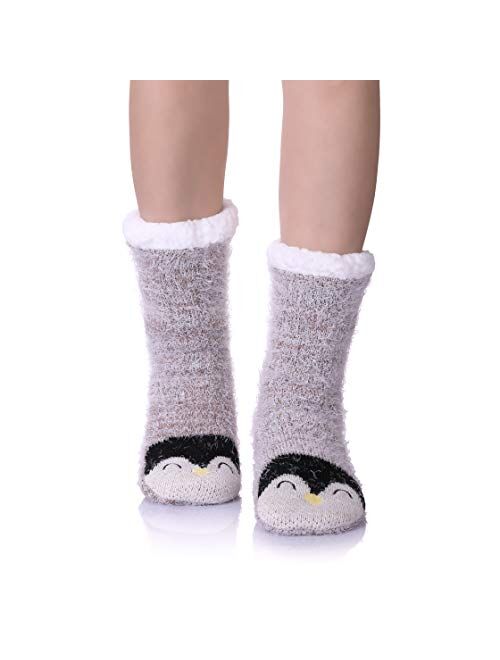 Womens Super Soft Cute Cartoon Animal fuzzy Cozy Non-Slip Winter Slipper Socks
