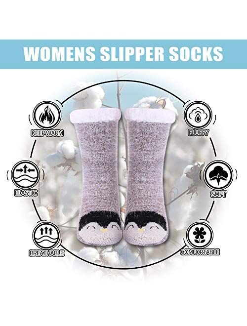 Womens Super Soft Cute Cartoon Animal fuzzy Cozy Non-Slip Winter Slipper Socks