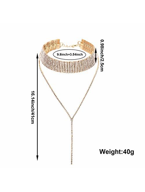 meekoo 2 Pieces Rhinestone Tassel Choker Necklace Multi-Layer Wide Collar Necklaces Tassel Chain Necklaces for Women Girls Favor
