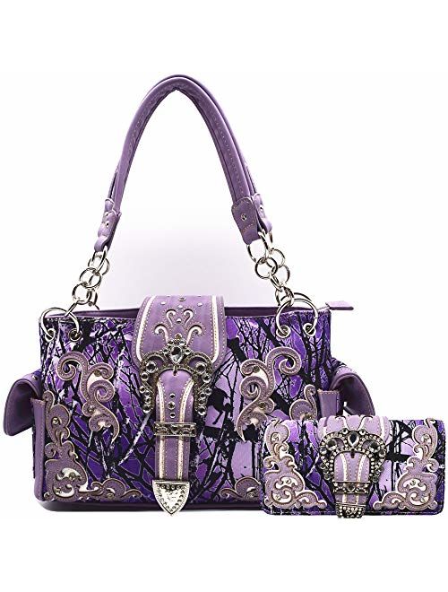 Camouflage Crown Buckle Western Style Concealed Carry Purse Country Handbag Women Shoulder Bag Wallet Set
