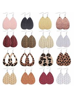 Sunssy 16-20 Pairs Leather Earring for Women Teardrop Leopard Print Leather Dangle Earring Lightweight