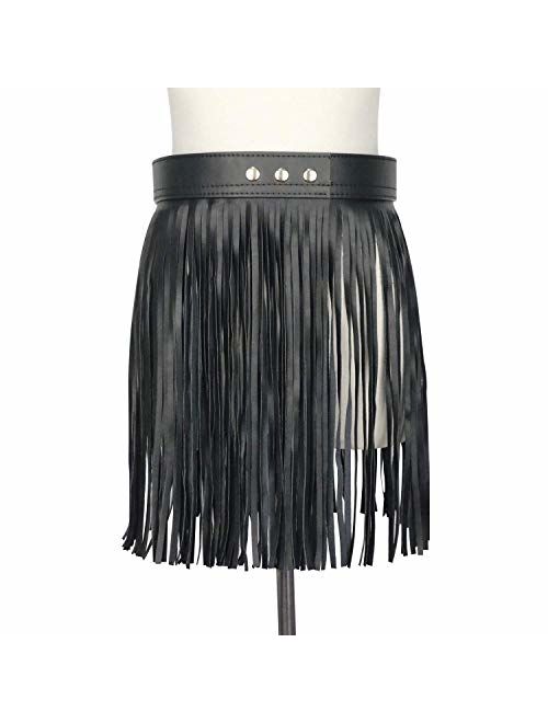Maikun Women's Leather Fringe Dress Belt Gypsy Style Tassel Belt Black