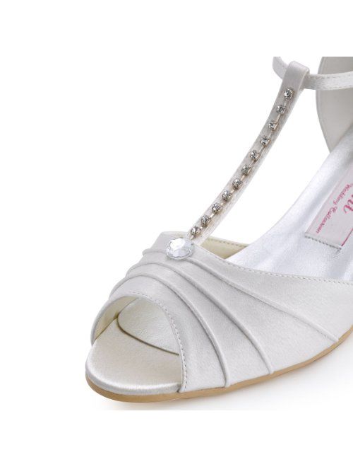 ElegantPark EL-035 Women Peep Toe T-Strap Pumps Mid Heel Rhinestones Satin Evening Wedding Bridal Sandals