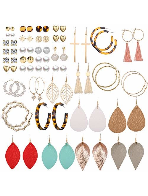 36 Pairs Fashion Earrings Set for Women Teen Girls Assorted Multiple Hoop Stud Earrings Set Bohemian Acrylic Tassel Teardrop Dangle Earrings for Birthday Party Gifts