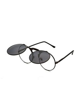Round Sunglasses for Men Women 90's Retro Steampunk Style Flip Up Circle Sunglasses