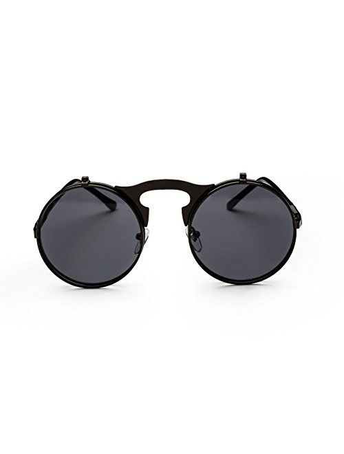 Round Sunglasses for Men Women 90's Retro Steampunk Style Flip Up Circle Sunglasses