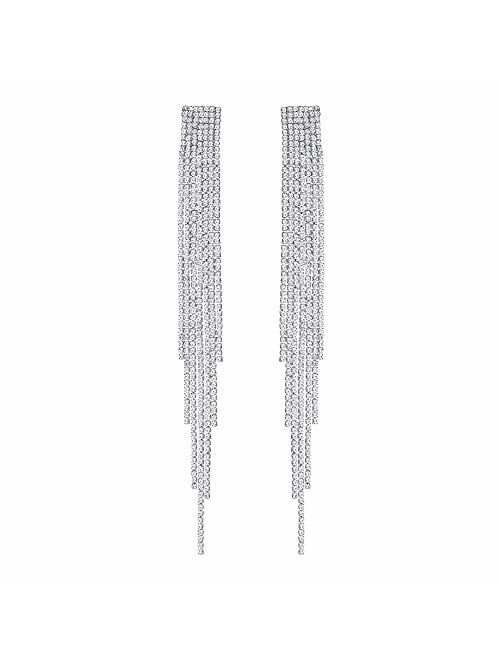 mecresh Silver Rhinestone Crystal Bridal Chandelier Long Tassels Dangle Earrings for Wedding