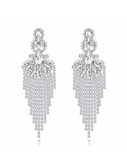 mecresh Silver Rhinestone Crystal Bridal Chandelier Long Tassels Dangle Earrings for Wedding