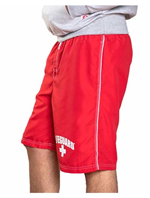 LIFEGUARD Officially Licensed Red Men's Board Shorts Swim Trunks with Side Pocket, Men and Boys, Great for Beach & Pool