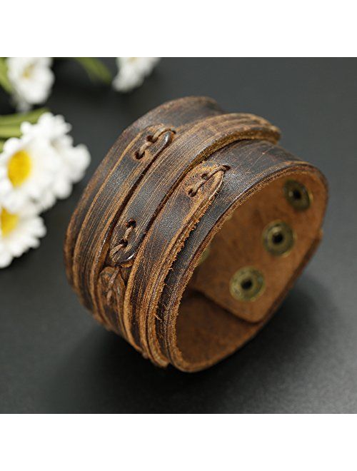 Brown/ Green Handmade Leather Floral Flex Wire Bracelet Adjustable 
