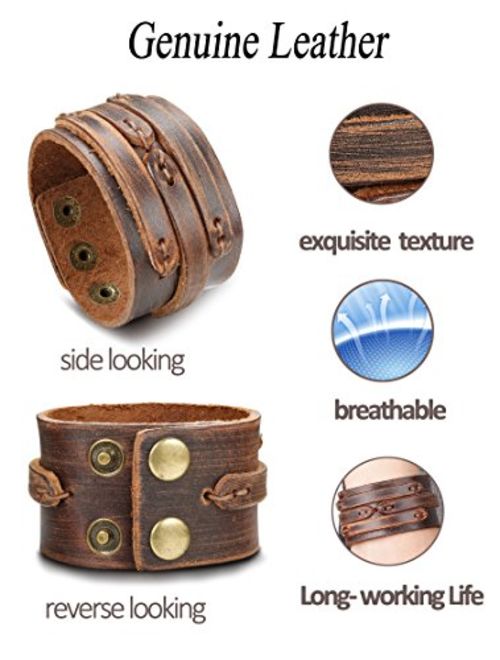 Thunaraz Handmade Genuine Leather Bracelet Adjustable Wide Brown Belt Cuff Bangle Punk Wristband