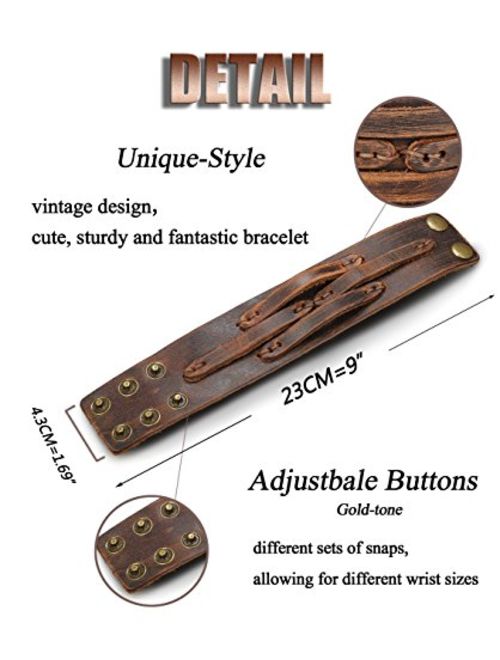 Thunaraz Handmade Genuine Leather Bracelet Adjustable Wide Brown Belt Cuff Bangle Punk Wristband