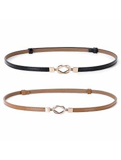 Leather Skinny Women Belt Thin Waist Belts for Dresses up to 37 Inches with Golden Buckle 2 Pack