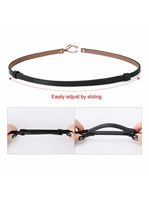 Leather Skinny Women Belt Thin Waist Belts for Dresses up to 37 Inches with Golden Buckle 2 Pack