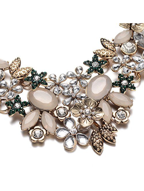 FSMILING Antique Gold Bib Statement Necklace with Crystal Flower Cluster for Women Weddings Prom
